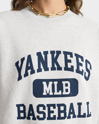 Gray sweatshirt with 'Yankees MLB Baseball' text on a person wearing it.