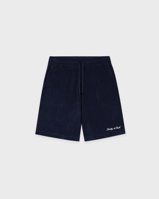 Navy shorts with a brand logo on a white background