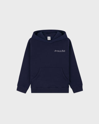 Navy blue hoodie with a brand logo on a light gray background