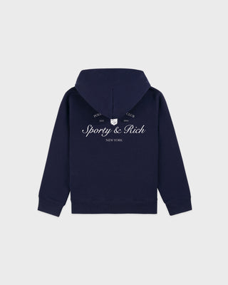 Navy blue hoodie with 'Sporty & Rich' logo on a light gray background