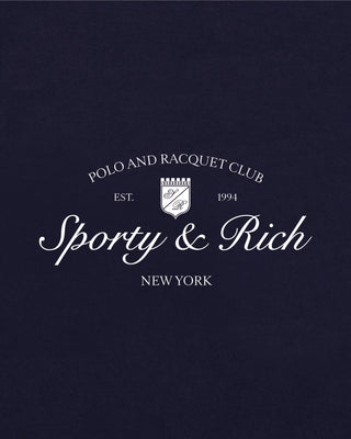 Logo of Sporty & Rich on a dark blue background