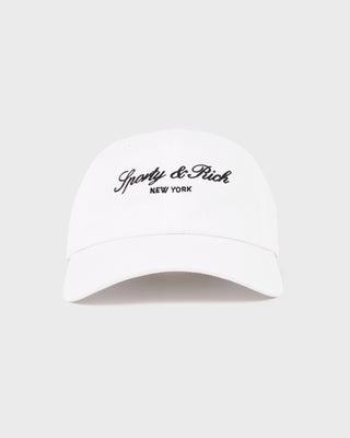 White cap with 'Sporty & Rich New York' text on a white background