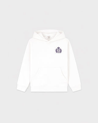 White hoodie with a logo on a light gray background