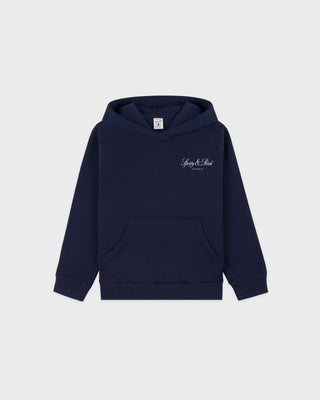 Navy blue hoodie with a brand logo on a light gray background