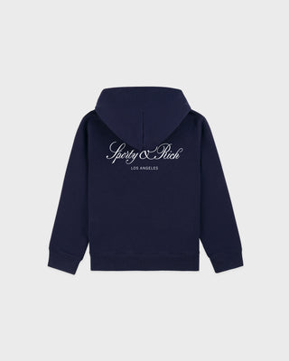 Navy blue hoodie with a brand logo on a light gray background