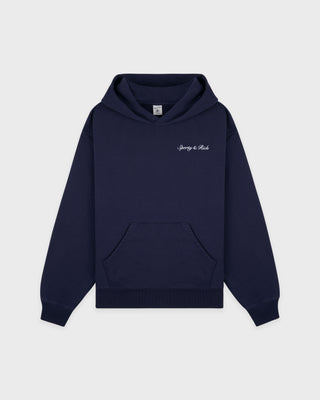 Navy blue hoodie with a brand logo on a light gray background