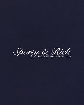 Navy blue background with 'Sporty & Rich' logo in white text