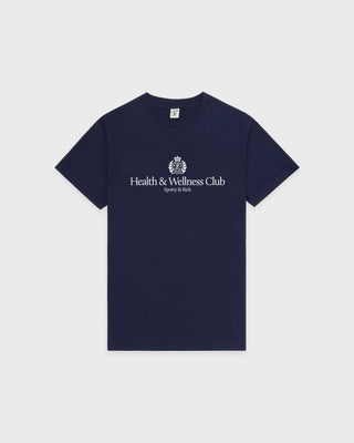Navy blue t-shirt with 'Health & Wellness Club' text and logo on a white background