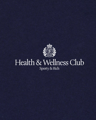 Navy blue shirt with 'Health & Wellness Club' and 'Sporty & Rich' text on a dark background
