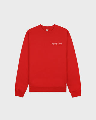 Red sweatshirt with 'Sporty & Rich' logo on a light gray background