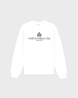 White sweatshirt with 'Health & Wellness Club' text on a light gray background
