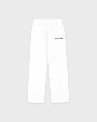 White pants with black text on a light gray background
