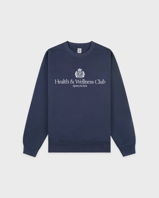 Navy blue sweatshirt with 'Health & Wellness Club' text on a light gray background
