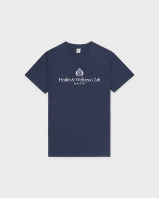 Navy blue t-shirt with 'Health & Wellness Club' text on a white background