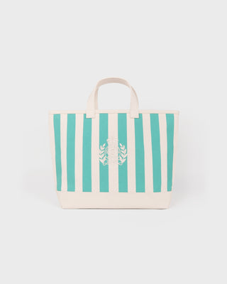 Tote bag with green and white stripes on a light gray background