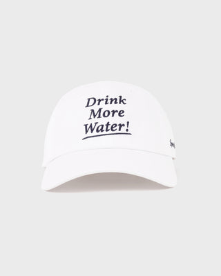 White cap with 'Drink More Water!' text on a white background