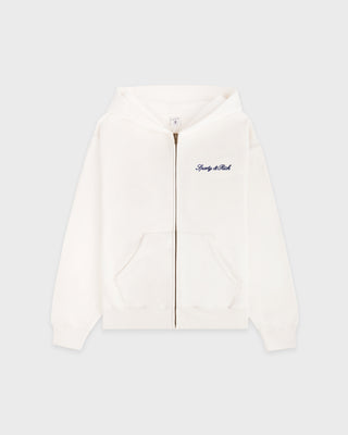 Signature Logo Embroidered Zip Hoodie - Ecru/Light Navy