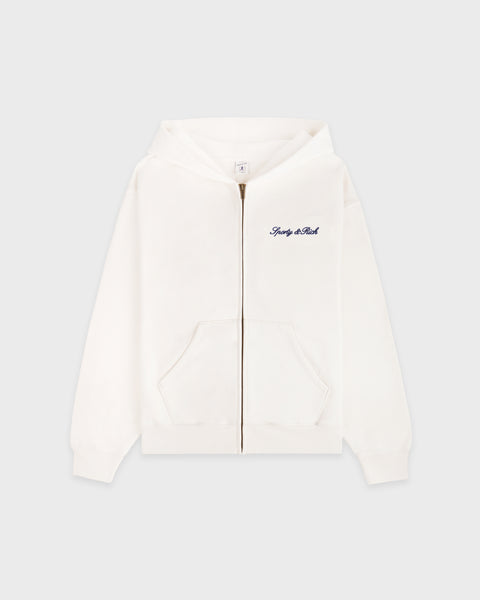 Signature Logo Embroidered Zip Hoodie - Ecru/Light Navy