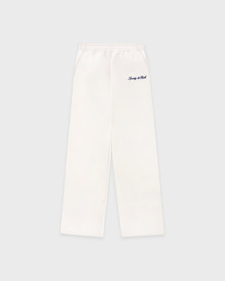 White pants with a brand logo on a light gray background