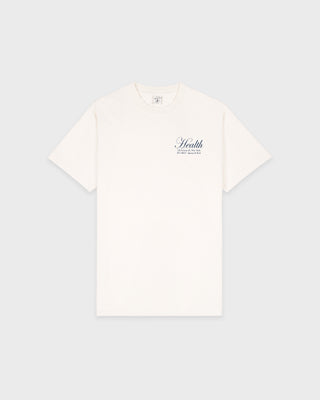 White t-shirt with text on a light gray background