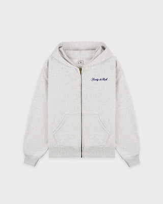 Gray hoodie with a brand logo on a white background