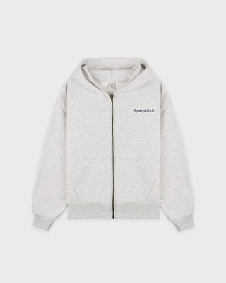 Gray hoodie with brand logo on a white background