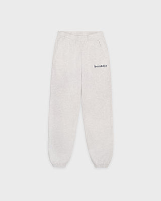 Light gray sweatpants with a brand logo on a white background