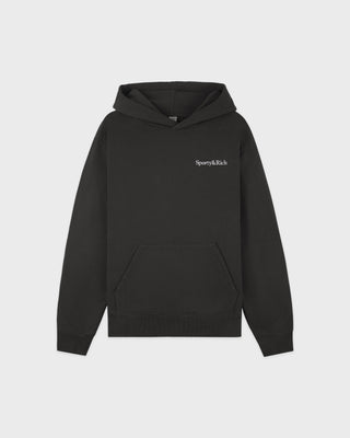 Black hoodie with 'Sporty & Rich' logo on a light gray background