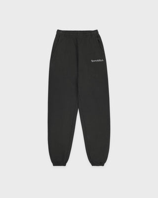 Black sweatpants with a brand logo on a white background