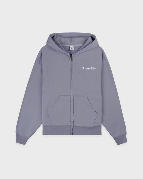 Serif Logo Embroidered Zip Hoodie - Faded Indigo/White