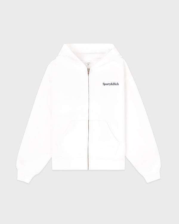 Serif Logo Embroidered Zip Hoodie - White/Navy