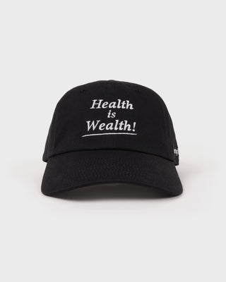 Black cap with 'Health is Wealth!' text on a white background