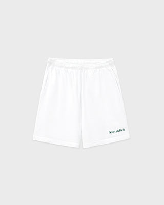 White shorts with a brand logo on a light gray background