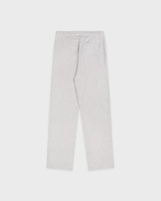 Wellness Ivy Wide Sweatpant in Heather Gray/Light Navy, featuring "WELLNESS" text on the left pocket and crafted from 100% cotton with an elastic waistband, displayed on a plain white background.