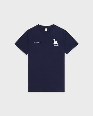 Dodgers Serif T-Shirt in Dark Navy/White, made from 100% cotton, features Sporty & Rich and LA logos in white on the upper front and offers an oversized fit.