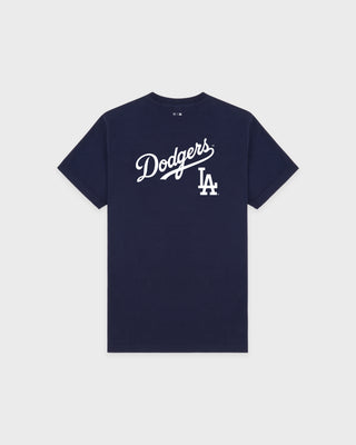 Dodgers Serif T-Shirt in Dark Navy/White, made from 100% cotton, features Sporty & Rich and LA logos in white on the upper front and offers an oversized fit.