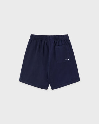 Dodgers Serif Gym Short in Dark Navy/White, featuring LA and Sporty & Rich logos on the front, an elastic waistband, crafted from 100% cotton in Portugal. Presented against a white background.