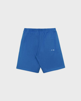 Dodgers Serif Gym Shorts in Team Blue/White, made in Portugal from 100% cotton, featuring white Sporty & Rich and LA logos printed on the left leg.