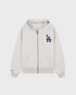 LA Serif Zip Hoodie in Heather Gray/White, featuring a zipped front, LA logo on the chest, front pockets, and crafted from 100% cotton in an oversized fit, shown laid flat on a white background.