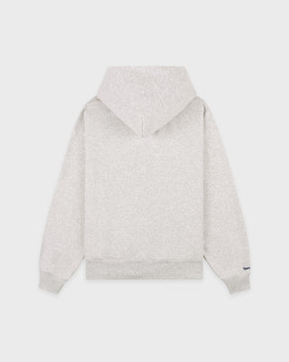 LA Serif Zip Hoodie in Heather Gray/White, featuring a zipped front, LA logo on the chest, front pockets, and crafted from 100% cotton in an oversized fit, shown laid flat on a white background.