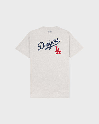 Dodgers Serif T-Shirt in Heather Gray, made in Portugal from 100% cotton, features "LA" in navy and Sporty & Rich text in fire red on the chest, displayed on a white background.