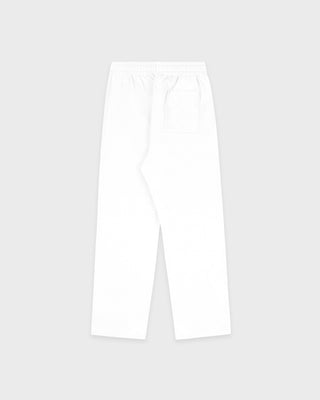 LA Serif Wide Sweatpant - White/Team Blue, crafted in Portugal from 100% cotton, features a wide-leg silhouette with blue LA and Sports Rich logos and is displayed on a plain light gray background.