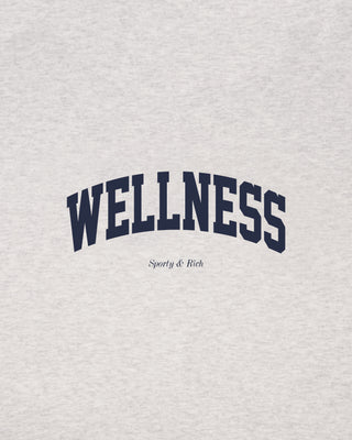 Presenting the Wellness Ivy Zip Hoodie in Heather Gray/Light Navy: an oversized-fit, 100% cotton zip-up hoodie featuring "WELLNESS" in light navy text on the left chest, complete with front pockets and a comfortable hood.