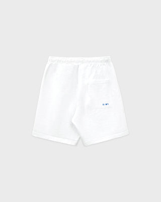 Dodgers Serif Gym Short - White/Team Blue, white athletic jersey shorts featuring Sporty & Rich and LA logos in team blue on the front, made from 100% cotton with an elastic waistband, displayed on a gray background.