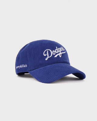 Dodgers Corduroy Hat in Team Blue/White, featuring a white Dodgers embroidered logo on the front, photographed head-on.