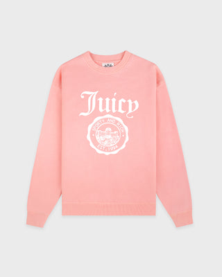 Pink sweatshirt with 'Juicy' logo on a light gray background