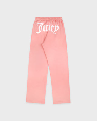 Pink sweatpants with 'Juicy' logo on a light gray background