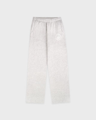 Gray sweatpants with a logo on a white background