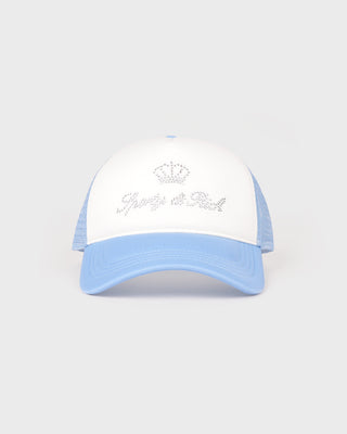 Light blue and white cap with text on a light gray background