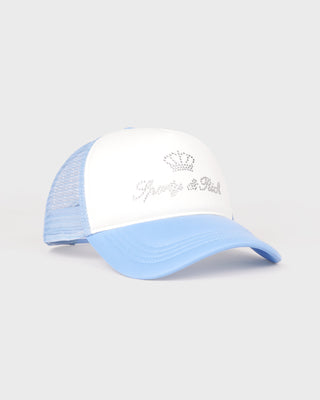White and light blue cap with embroidered design on a white background